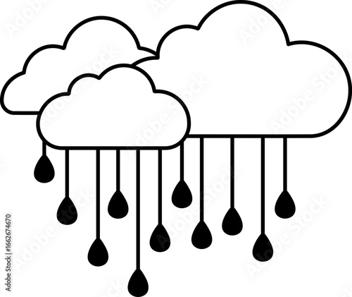 black and white illustration of two storm clouds with rain falling