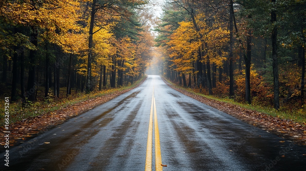 Fototapeta premium Autumn road through a misty forest
