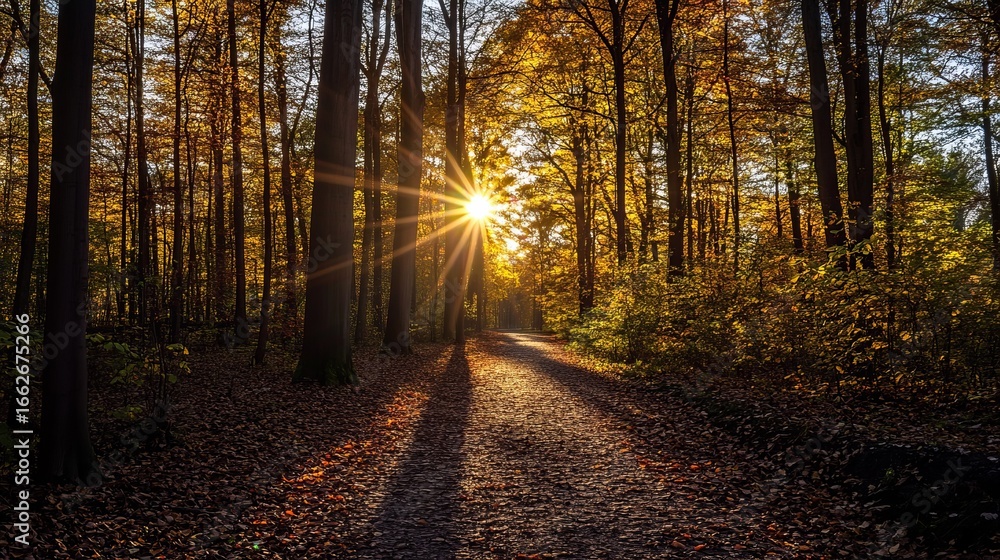 Obraz premium Autumn sunbeams pierce a forest path