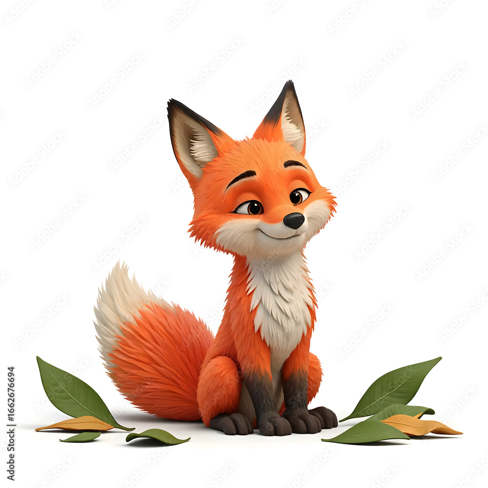 Fototapeta premium Cute Cartoon Fox Sitting with Green Leaves Isolated on White Background