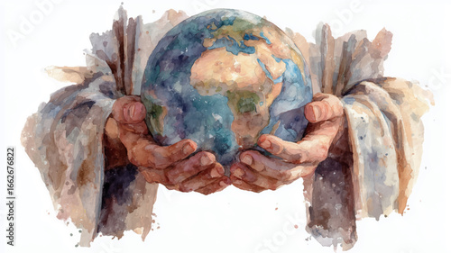 Vector illustration, Jesus' hands hold the world. Two hands gently hold the planet. Watercolor