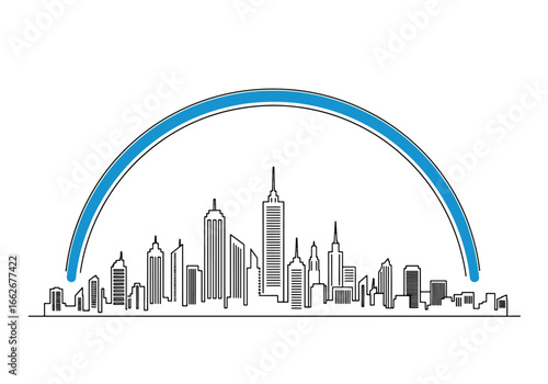 Modern city skyline with skyscrapers and a blue arc above it.