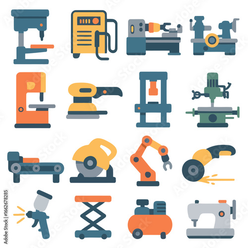 Industrial Equipment Array: A comprehensive array of industrial equipment, meticulously illustrated to highlight a spectrum of tools used in manufacturing, production, and construction.