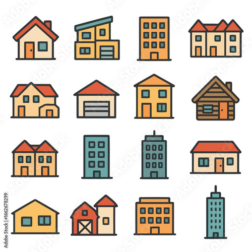 Wallpaper Mural Diverse Architectural Collection: A vibrant collection of diverse architectural house and building styles showcased in a visually appealing vector graphic, each one a unique example of design. Torontodigital.ca