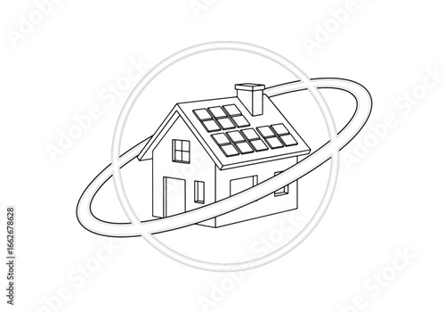 Line art illustration of a residential house featuring solar panels on its roof, encircled by a dynamic orbital ring, symbolizing sustainable energy.