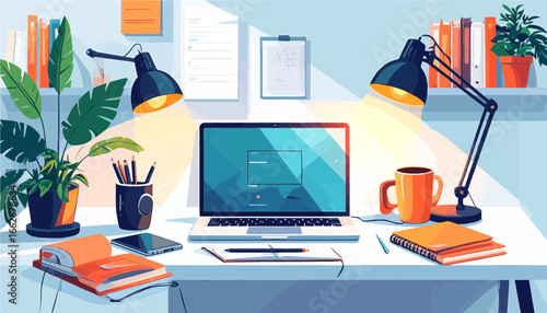 Flat vector set of modern office tools such as laptop, notepad, pen, mug, headset, and desk lamp isolated on white background.