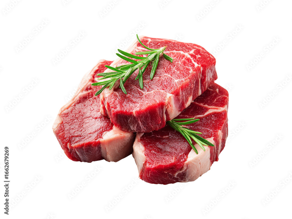 Obraz premium Three raw beef steaks with rosemary sprigs isolated on black background, Isolated On White Background, Png Transparent