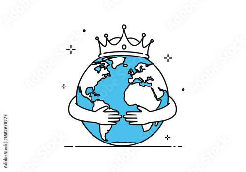 A minimalist illustration of planet Earth wearing a royal crown and being hugged by loving arms, symbolizing global care and protection.