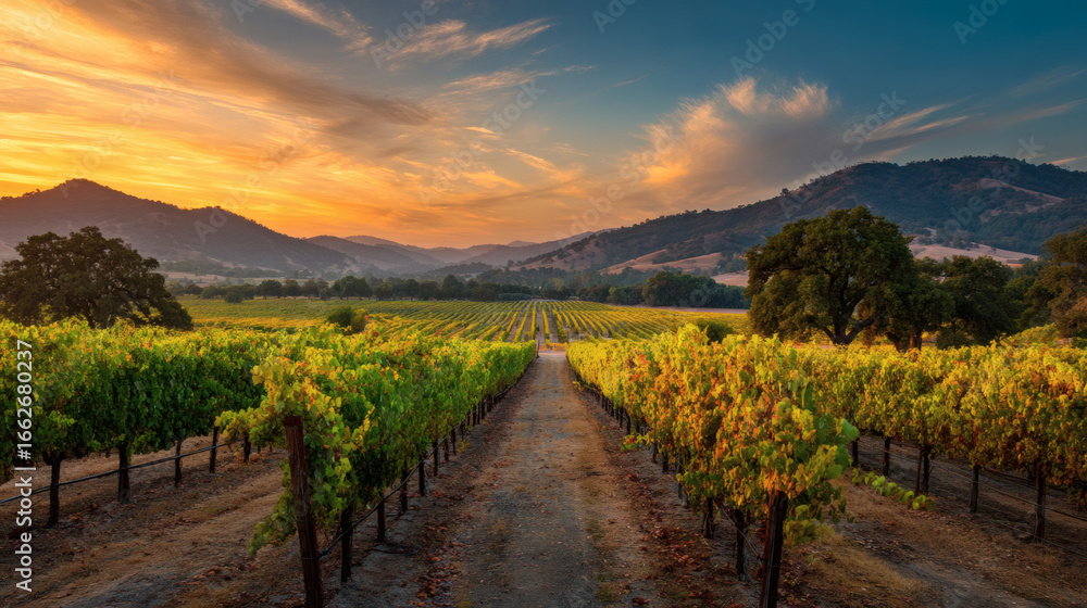 Fototapeta premium Vineyard Rows at Sunset with Rolling Hills and Golden Sky winery grapes