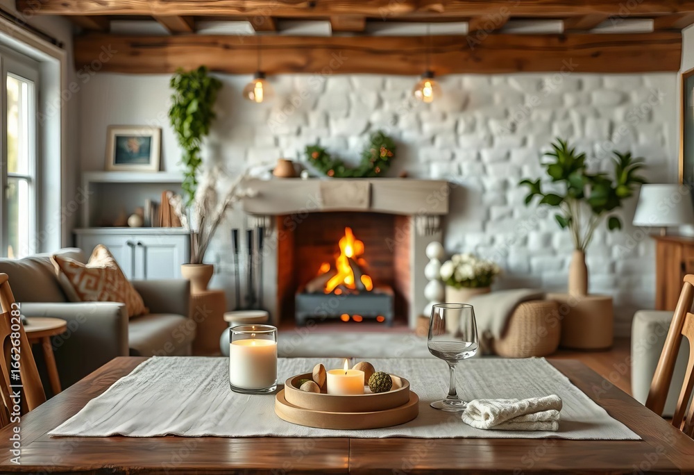 Fototapeta premium Cozy home interior tabletop scene with fireplace backdrop, winter decor, stone