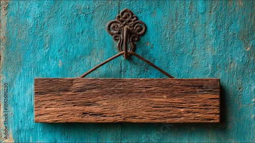 An old wooden signboard hanging from an ornate iron hook against a vibrant turquoise background.
