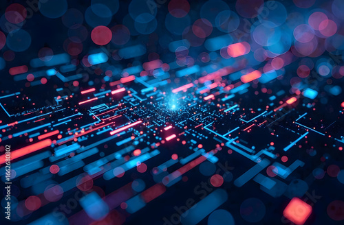 Futuristic digital circuit with glowing red and blue lights on dark background. 