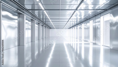 Wallpaper Mural Pasillo futurista con paredes metálicas iluminadas por luces frías transmitiendo innovación, tecnología y modernidad arquitectónica Torontodigital.ca