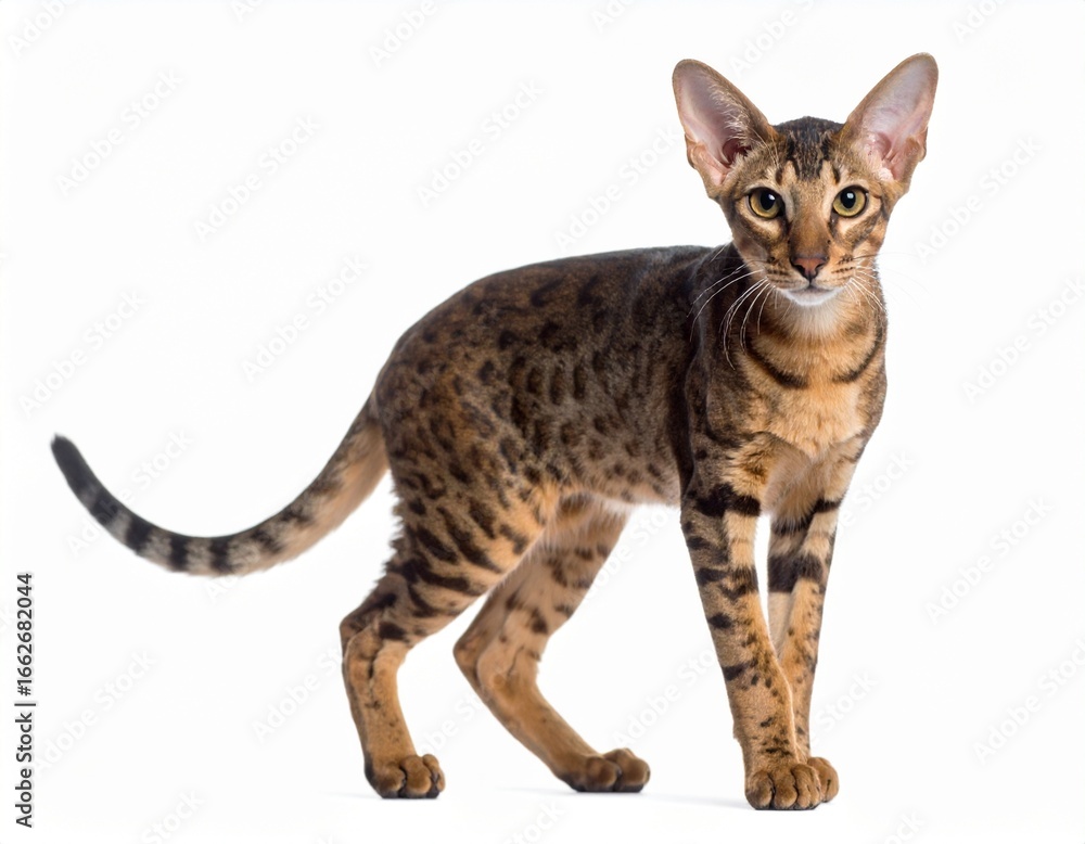 Obraz premium Oriental Shorthair Cat with Spotted Coat on White Background