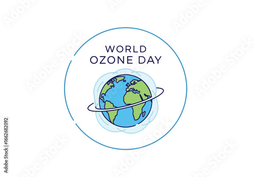 Stylized illustration for World Ozone Day featuring planet Earth surrounded by its protective atmospheric layer.