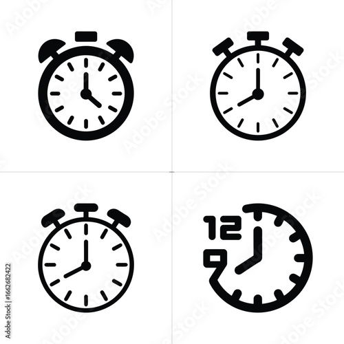Isolated Black Alarm Clocks Icons with Needles Design on Transparent Background