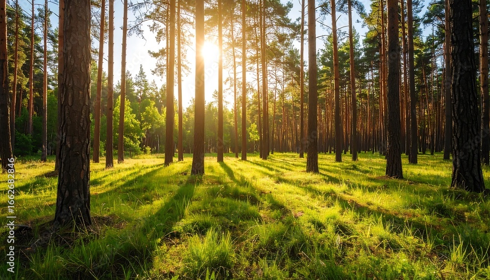 Naklejka premium Sunlight filtering through pine trees (1)