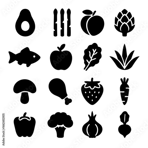 Healthy Food Collection: A captivating assortment of fresh, wholesome foods in a unique style, celebrating a balanced, nourishing diet for a vibrant, energetic lifestyle.
