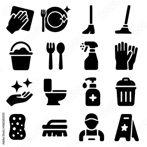 Cleaning Supplies Icons: A curated set of monochrome cleaning icons, showcasing essential items for a spotless environment. Reflecting functionality and efficiency.