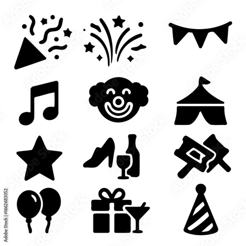 Celebration Icons: A graphic collection of cheerful celebration symbols, set against a clean canvas, evoking excitement and fun. 