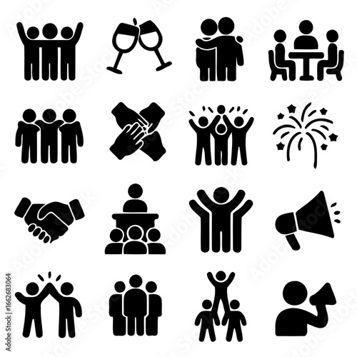 Celebration Icon Set: A comprehensive set of minimalist, monochrome vector icons perfectly captures moments of human connection, celebration, unity, and achievement.