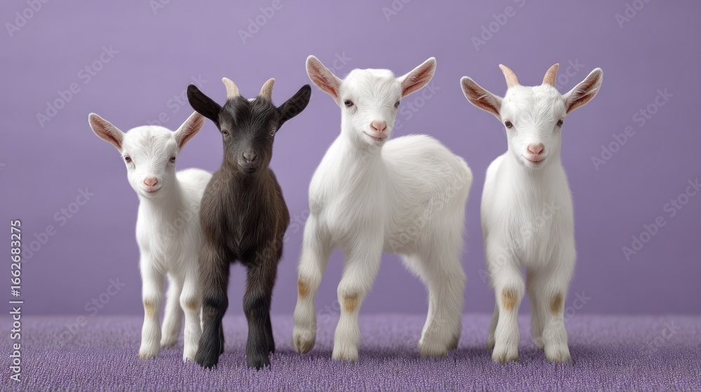 Obraz premium Playful Baby Goats Standing in a Row on Purple Background