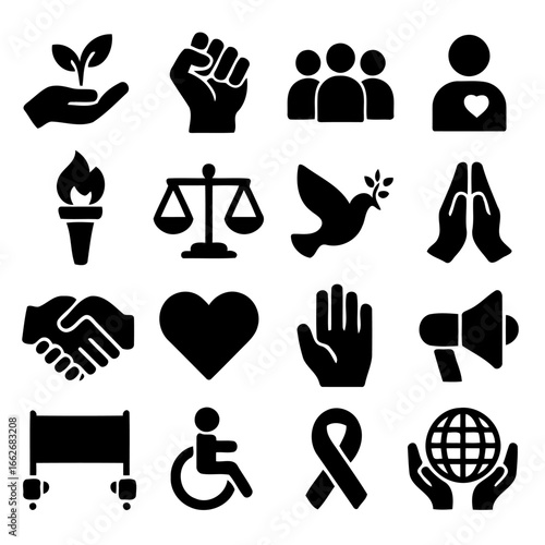 Icons of Unity and Advocacy: A comprehensive collection of diverse icons that symbolize the core values of unity, human rights, and advocacy.