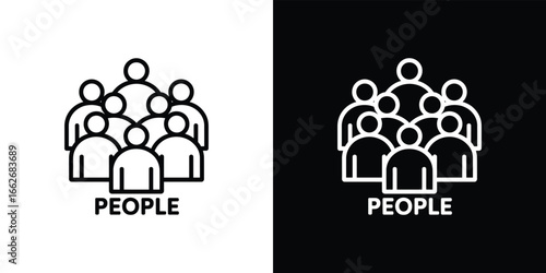 Line art icons with diverse human crowd with people text in black and white