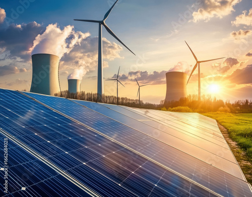 Solar panels and wind turbines with cooling towers at sunset isolated on transparent background