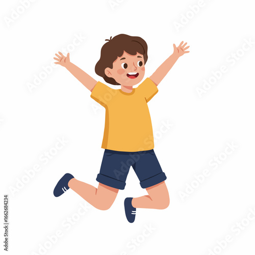 Cartoon illustration of a happy boy jumping with arms raised in the air, smiling cheerfully, wearing a yellow shirt and blue shorts.