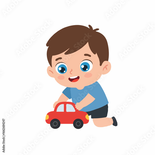 A young boy with brown hair and blue eyes plays with a small red toy car, kneeling on a white background.