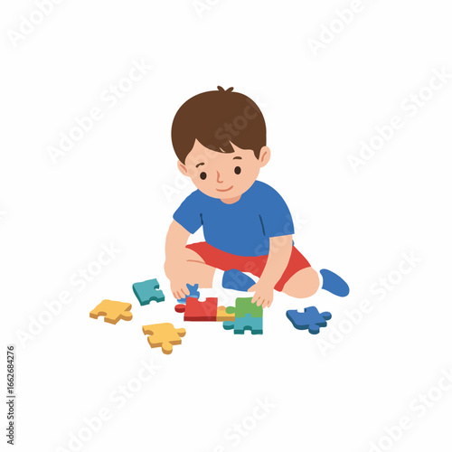 A young boy sits on the floor, focused and engaged, as he plays with a colorful jigsaw puzzle.