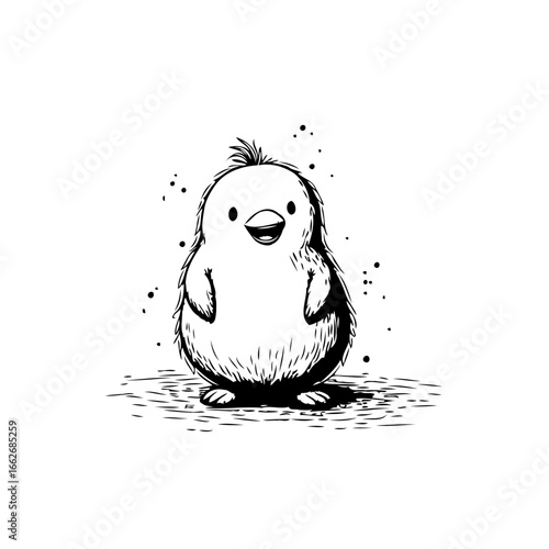 A cheerful ink drawing of a plump fluffy chick creating a playful and whimsical ambiance emanating