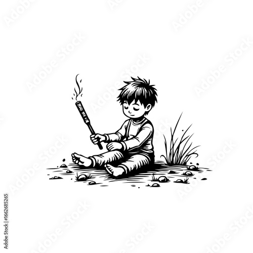 A contemplative child sits outdoors holding a smoking stick creating a serene monochrome scene