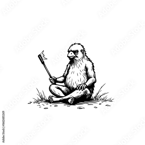 A contemplative avian-like creature contemplates sparks ignited on tool sitting peacefully amidst