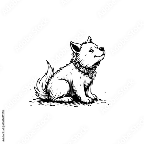 A delightful canine sketch showcasing a fluffy dog with an ornate collar looking upward in