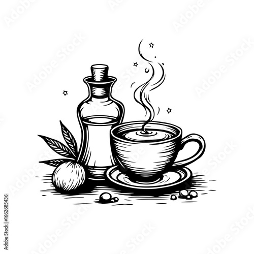 A tranquil aromatic concoction illustration featuring a steaming cup a citrus fruit and essential
