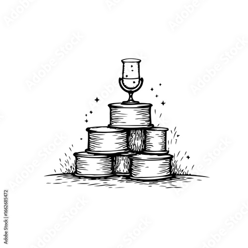 A whimsical sketch of stacked cylindrical objects topped with a celebratory glass forming a