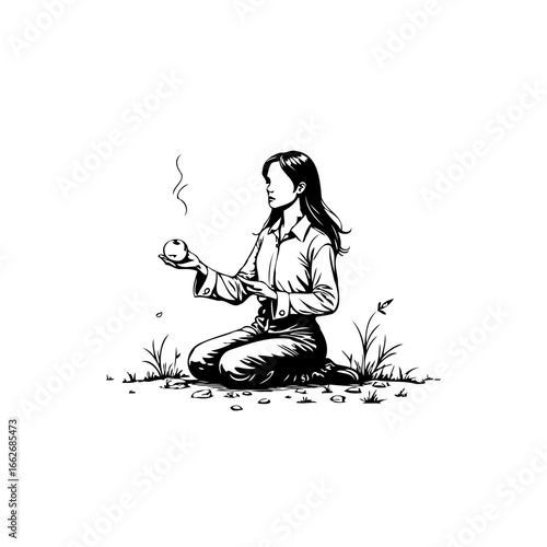 A woman kneeling offering fruit serenity and introspection in simple monochromatic rendering with