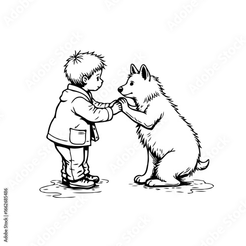 A young boy's tender connection with his furry canine friend depicted in a comforting illustration