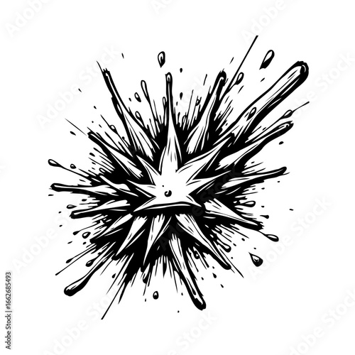 Abstract black and white bursting star design element featuring splatter explosion with jagged