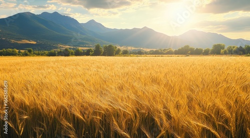 Golden wheat field, mountains, sunset