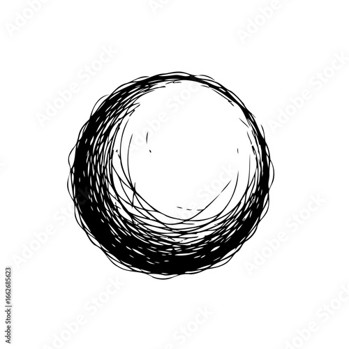 Abstract swirling sphere drawing in black ink capturing movement and depth on a white surface with