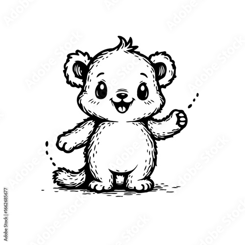 Adorable bear cub character waving hello in whimsical line art style illustration sketch