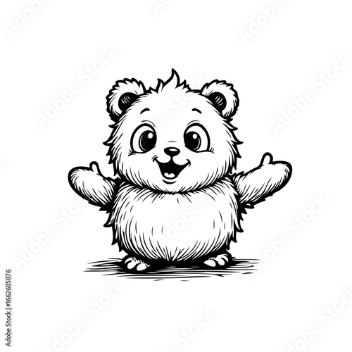 Adorable fluffy animal character raising its paws depicted with hatching style is a drawing full