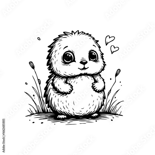 Adorable fluffy creature illustration with big eyes radiating love in whimsical monochrome style