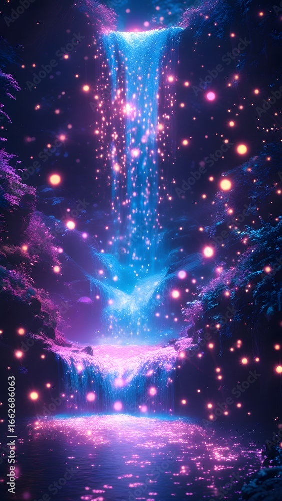 Naklejka premium A vibrant, fantastical waterfall cascades down into a pool, surrounded by glowing orbs and lush, colorful vegetation in a dreamlike scene.