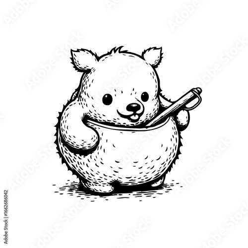 Adorable line art illustration of a bear character playing a musical instrument with whimsical