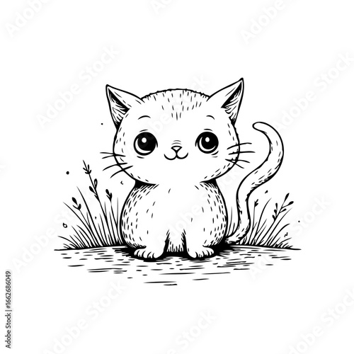 Adorable kitten illustration with charming eyes is surrounded by wispy grass, a cute ink-drawn style