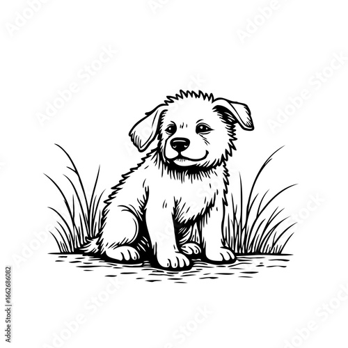 Adorable little puppy illustration sitting attentively amid grassy surroundings in black and white